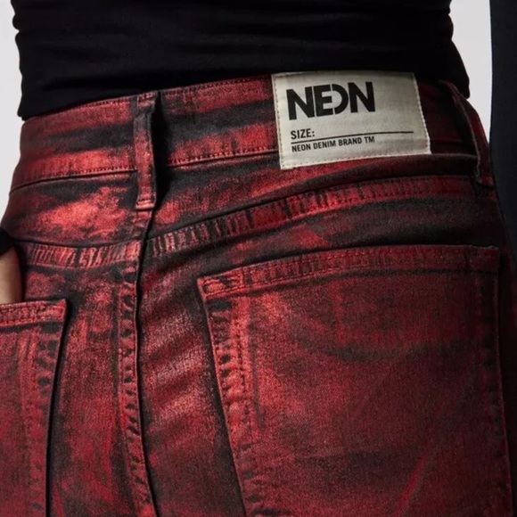 Urban Outfitters Neon Denim Cherry Coated Skinny Jean Metallic Red Black - Picture 4 of 7